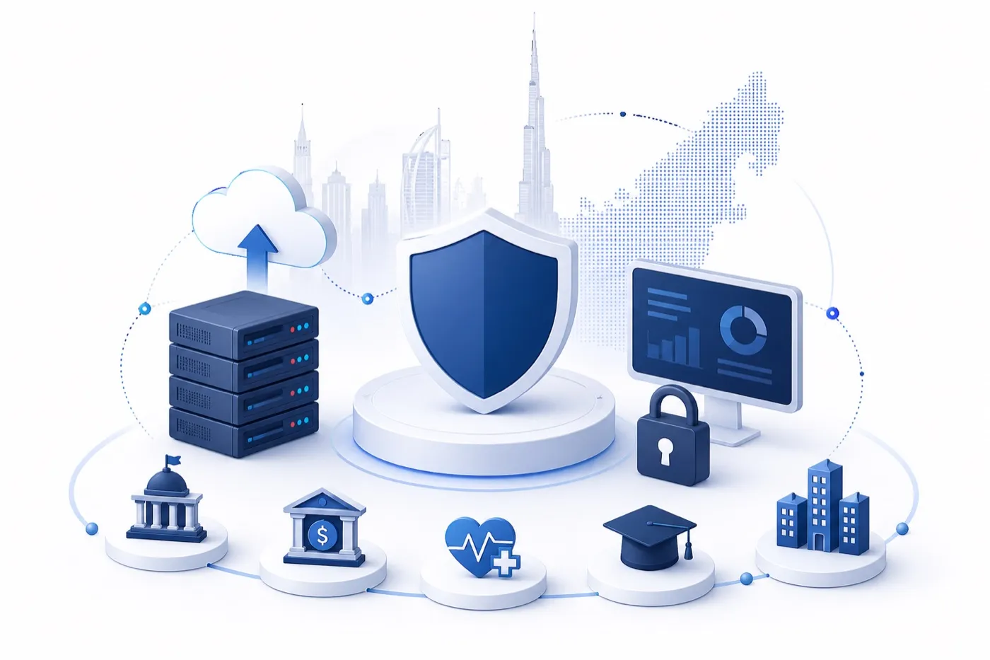 Illustration of F5 security protecting UAE infrastructure across government, banking, healthcare, education, and enterprise
